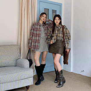 晶咕白标微胖定制复古格纹衬衫 外套女早秋宽松上衣带领带