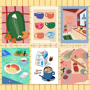 多巴胺风格咖啡厅奶茶店ins装饰画挂画厨房橱柜上防油烟贴纸海报