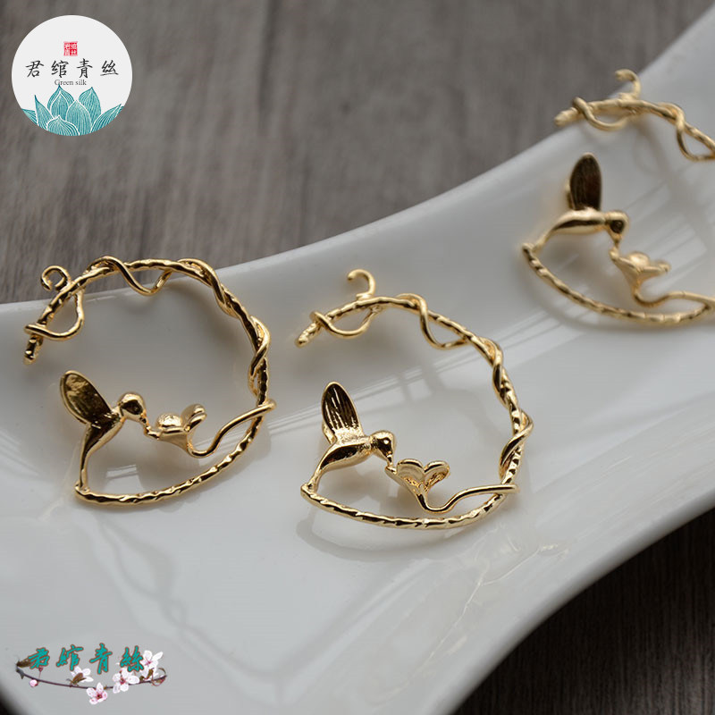 君绾青丝纯铜铸铜保色电镀真金27MM绕线花鸟耳环吊坠 耳饰配件diy