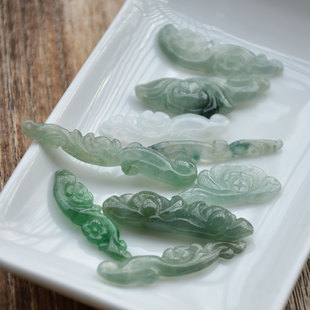 纯天然无优化冰种翡翠雕刻花牌玉衡双孔手牌吊坠手工饰品配件DIY