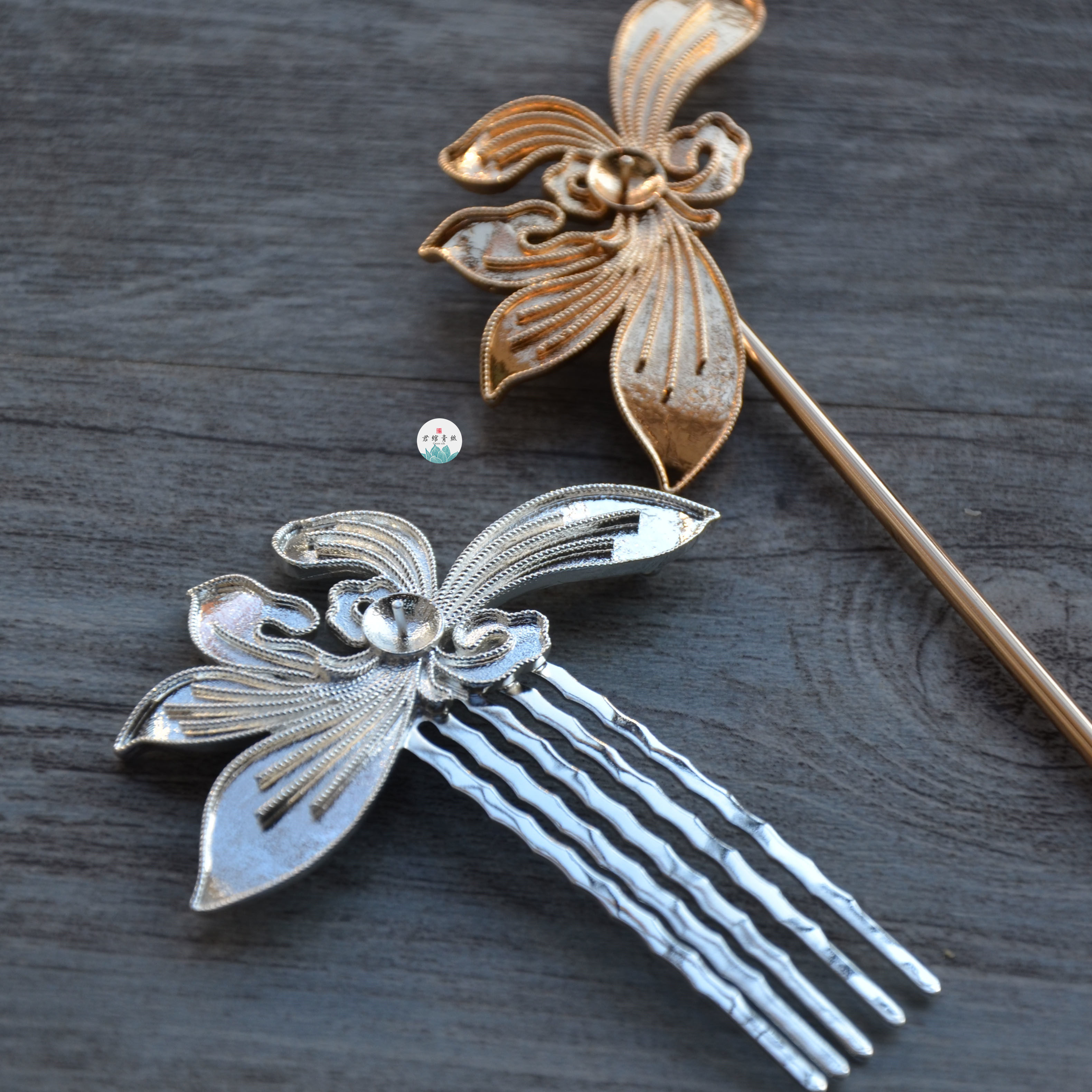 君绾青丝纯铜保色发簪主体蝴蝶花发钗发梳花丝镶嵌点翠胚手工diy
