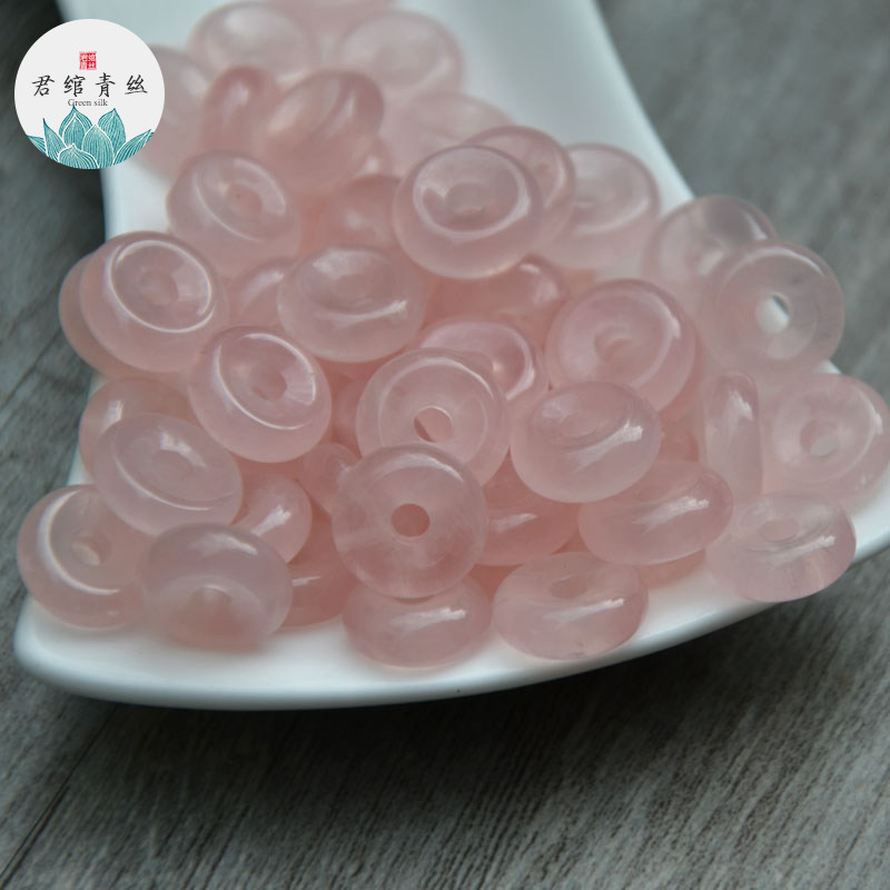 君绾青丝纯天然粉晶手工雕刻12MM面包圈水晶手链安平扣饰品配件