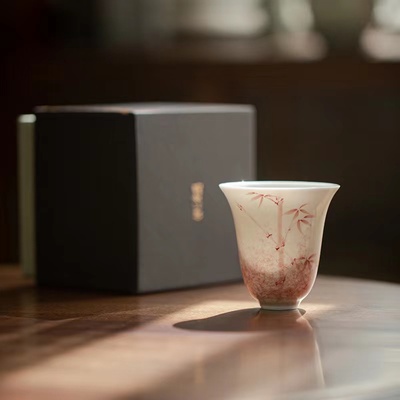 明知山志红竹品茗杯茶杯高端主人杯家用手绘泡茶白瓷茶杯色釉