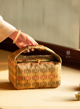 知舍金编如意莲纹旅行包茶壶杯收纳袋手工织锦中式复古布袋