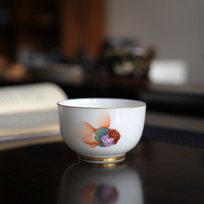 景德镇陶瓷纯手工手绘描金金鱼主人杯金玉满堂大容量釉上彩品杯