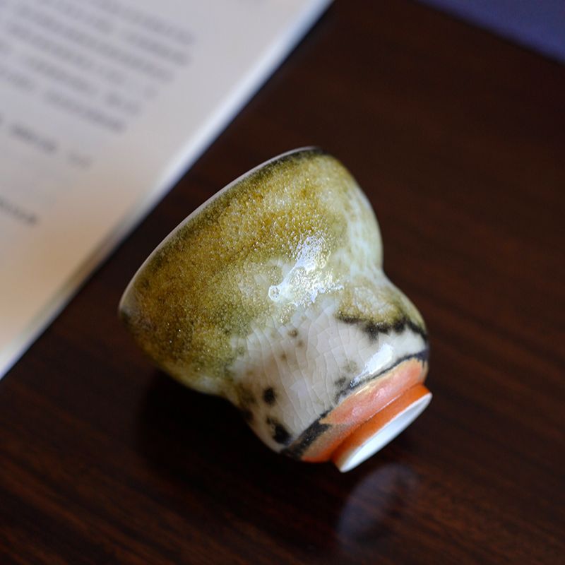 徐小凡陶瓷手作柴烧绿志野主人杯手捏杯茶杯纯手工高端开片可养线