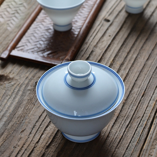 纯手绘釉下彩盖碗青莲双线粉青白陶瓷手工家用功夫茶具白瓷碗中式