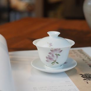 甜白手绘紫罗兰粉彩瓷薄胎陶瓷小号三才盖碗茶碗茶具陶瓷不烫手