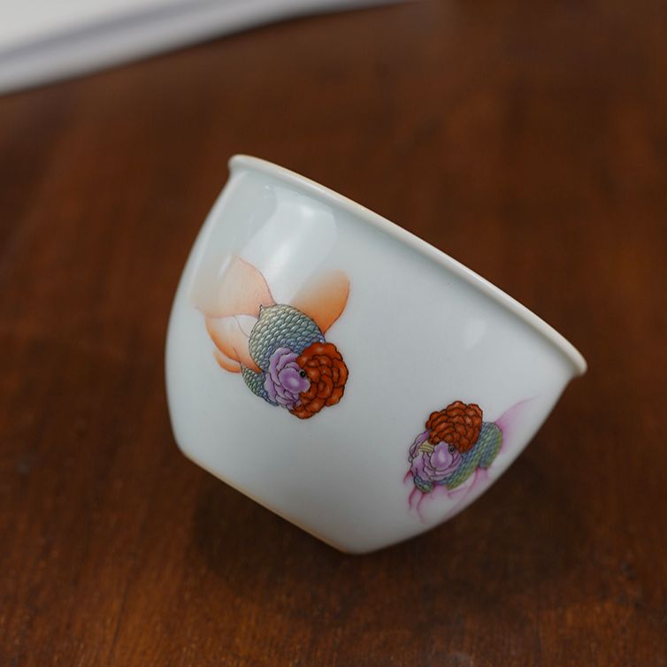 景德镇茶具纯手工陶瓷个人主人杯功夫茶杯粉彩手绘金鱼大号