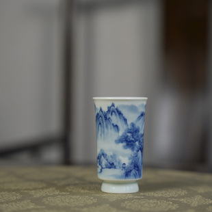 禄意窑景德镇纯手工陶瓷青花山水聚香杯直筒主人杯手绘陶瓷釉下彩