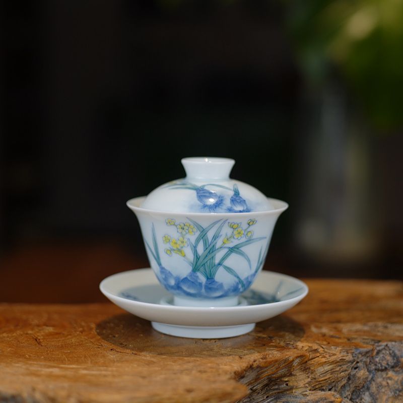 纯手工陶瓷釉下彩花卉三才小盖碗蝶恋花白瓷中式茶空间茶具岩茶碗