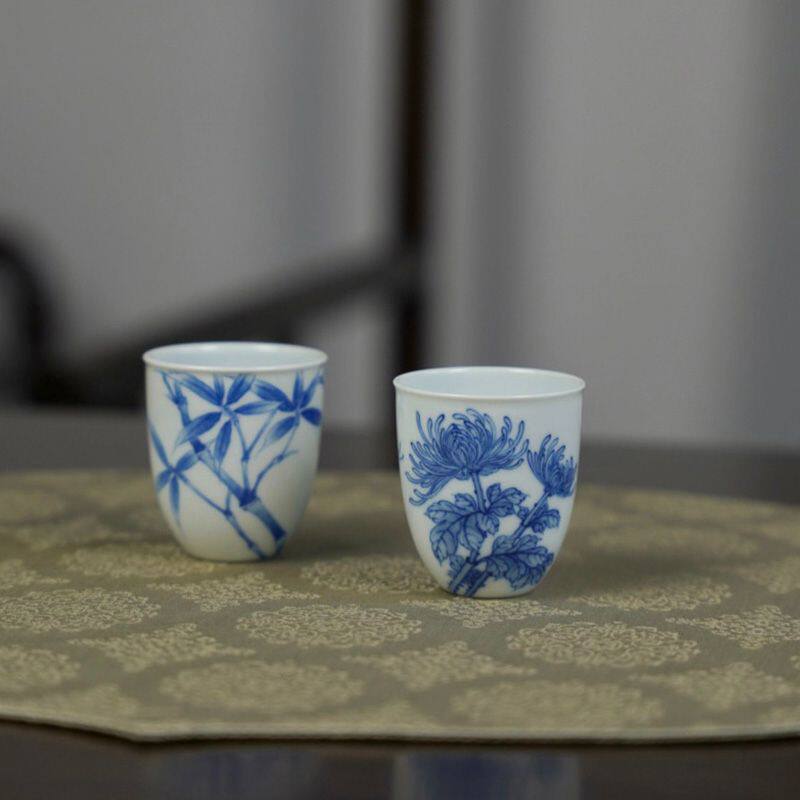 禄意窑景德镇纯手工陶瓷青花竹子菊花聚香杯主人杯手绘陶瓷釉下彩