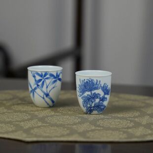 禄意窑景德镇纯手工陶瓷青花竹子菊花聚香杯主人杯手绘陶瓷釉下彩