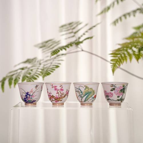 三仰堂纯手工珐琅彩花卉纹描金杯复古陶瓷主人杯单杯个人专用高档