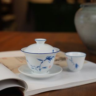 甜白手绘竹子青花瓷薄胎陶瓷小号三才盖碗茶碗高端茶具陶瓷不烫手