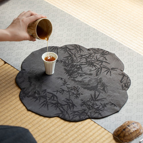 知舍·香云纱墨竹异形茶席 双层新中式复古宫廷风茶桌垫