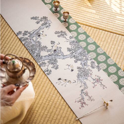 知舍·思无邪松鹤图茶席套组复古新中式 轻奢高端 双面桌旗