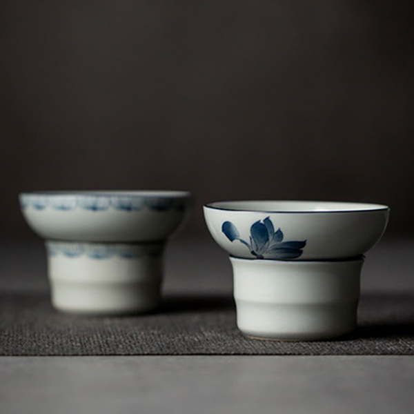 手绘青花瓷釉下彩芙蓉花/玉兰花/莲瓣过滤器日式陶瓷茶漏斗家用