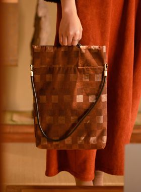 知舍香云纱手提包手工编织新中式格纹布艺高级禅意格纹精致包出行