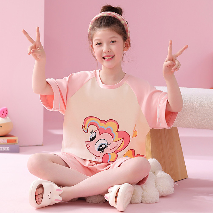 儿童纯棉公主碧琪小马彩虹睡衣大女童夏季短袖短裤宝宝家居服套装