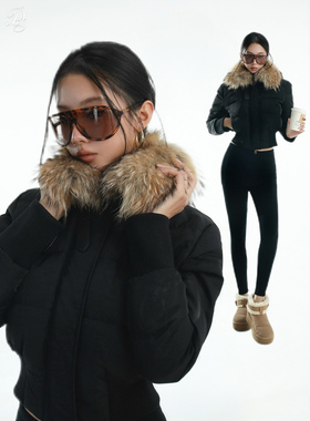 限量Dailyshero*100%貉子毛&90白鹅绒 复古大毛领短款收腰外套