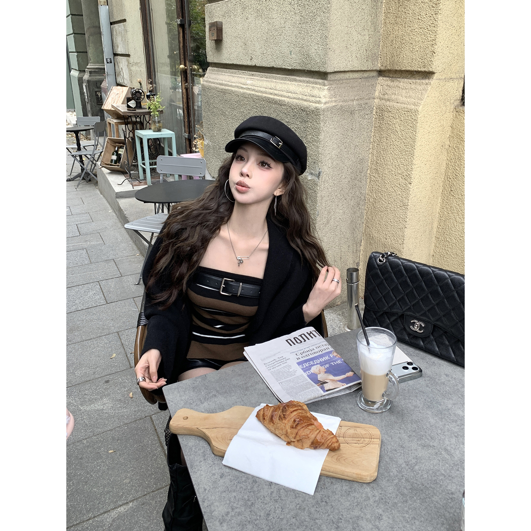 【野生女Model】自带时髦感!绵羊毛版条纹抹胸(配皮带