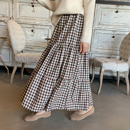 2021 autumn and winter Korean fashion leather band skirt placket cake skirt Plaid long skirt