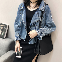 韩版 重工铆钉宽松百搭西装 领夹克上衣潮 牛仔短外套女2019秋季 新款