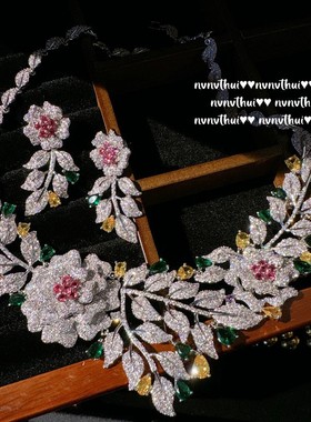 帕帕拉恰山茶花石项链  古董感镀18K金 大马士革玫瑰花锆石耳环