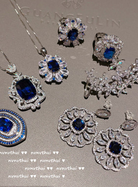 深海蓝石花朵项链 设计师镀18K金藏蓝锆石多层几何围镶花朵耳环