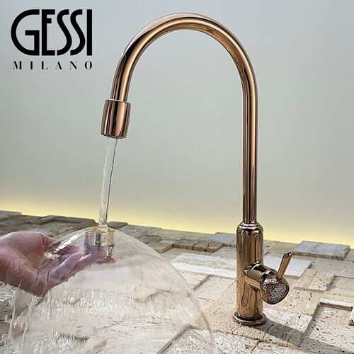 意大利GESSI捷仕全铜玫瑰金钻石水龙头旋转抽拉式洗菜盆冷热龙头