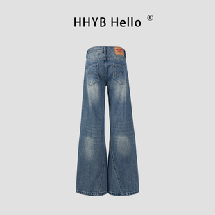 HHYB别来无恙 猫须压褶宽松直筒阔腿裤2025新款复古牛仔裤Q254144