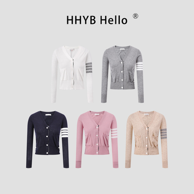 HHYB别来无恙 2025秋季新款撞色横杠V领显瘦针织开衫QM1362