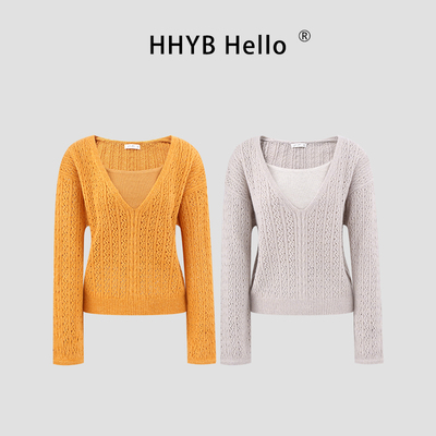 HHYB别来无恙 秋冬新款V领镂空绞花针织罩衫/吊带两件套M1521套装