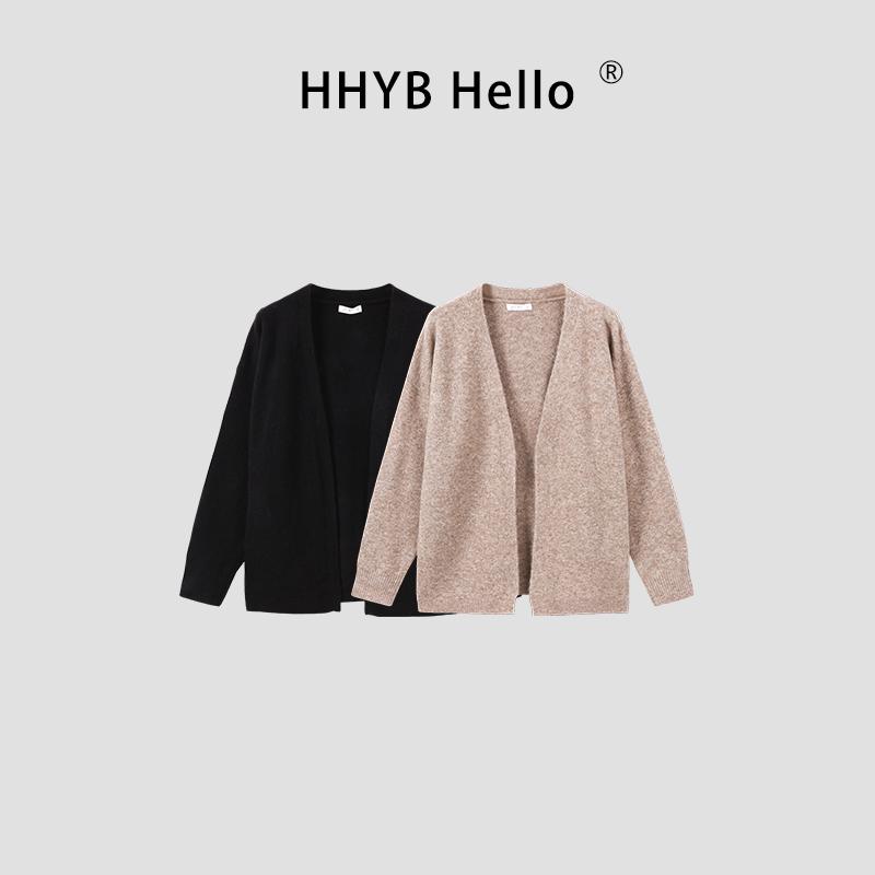 HHYB别来无恙 韩系气质通勤针织上衣2025秋冬新款燕麦色开衫M1277