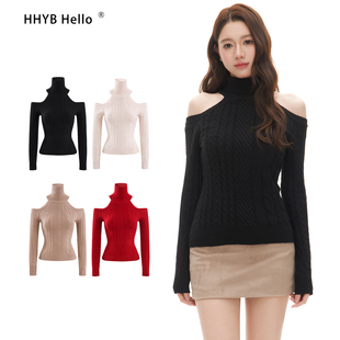 HHYB别来无恙 黑色高领气质名媛辣妹镂空高级感露肩针织上女M1705