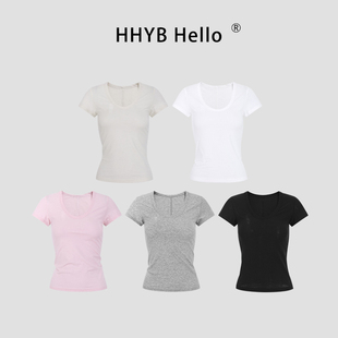 HHYB别来无恙 修身U领短袖T恤女2025夏新款高级不撞款上衣250183