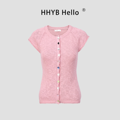 扣子圆领短袖针织开衫女