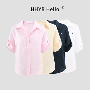 HHYB别来无恙夏季宽松防晒百搭上衣亚麻刺绣中袖翻领衬衫Q262003