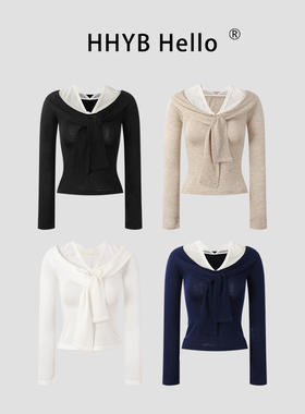 HHYB别来无恙 2025纯欲风辣妹慵懒休闲飘带v领长袖针织衫M1279