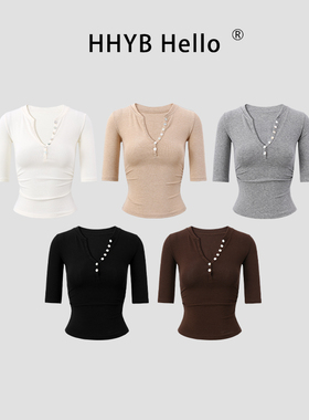 HHYB别来无恙 抽褶收腰设计五分袖中袖贝扣t恤辣妹上衣女250761