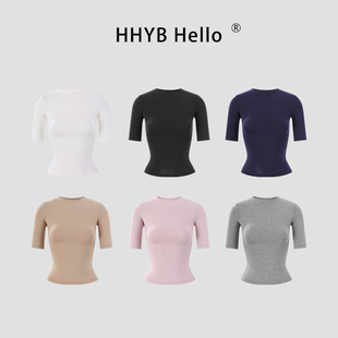 HHYB别来无恙 新款修身显瘦基础款小圆领中袖修身正肩T恤250814