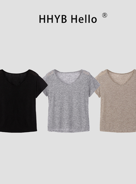 HHYB别来无恙 宽松显瘦V领短袖T恤2025新款设计感纯欲上衣250116