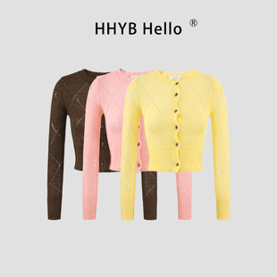 HHYB别来无恙 女M1582 韩系甜美镂空菱格编织肌理基础圆领针织开衫