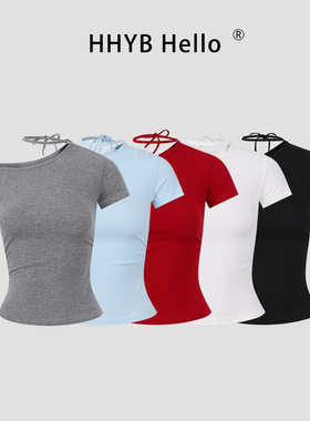 HHYB别来无恙 设计感挂脖系带斜肩短袖T恤2025新款露肩上衣250313