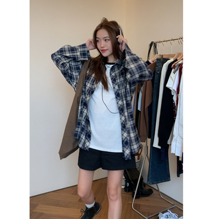 HHYB别来无恙 学院复古美式外套宽松格子衬衫女团风男友长袖衬衫