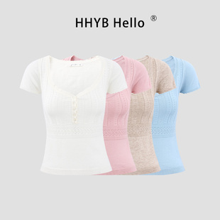 HHYB别来无恙 韩系百搭U领纽扣短袖薄款针织修身显瘦上衣M2034