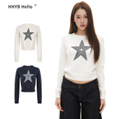 HHYB别来无恙 2025早秋新款 星星刺绣气质百搭套头短毛衣上衣M1371