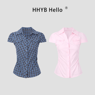 HHYB别来无恙 掐腰修身短袖口袋收腰格子衬衫2025纯棉上衣252034