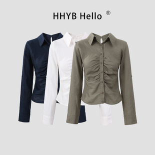 HHYB别来无恙 单排扣褶皱设计翻领亚麻清凉感长袖衬衫Q252065